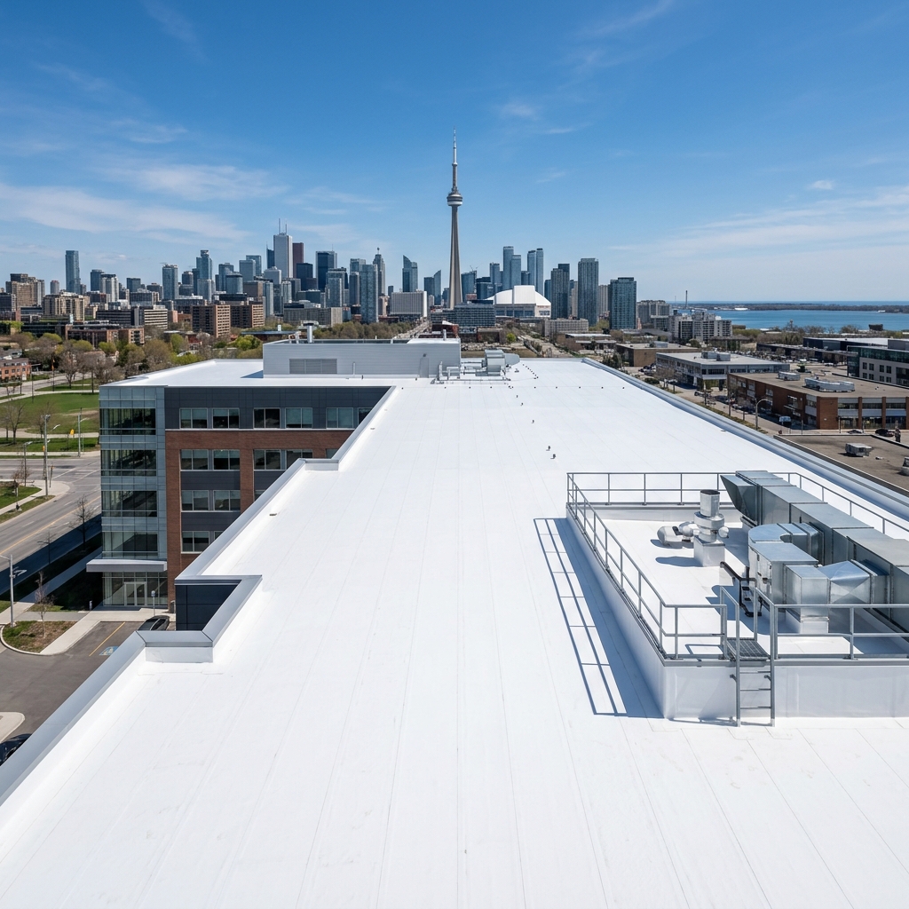 A highly detailed close-up of a brilliant white PVC flat roof membrane being aggressively heat-welded by a specialized Toronto roofing technician, ensuring a completely seamless, invincible barrier against water and grease.