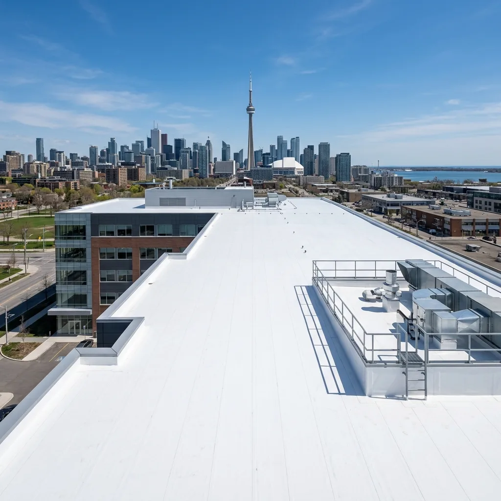 A highly detailed close-up of a brilliant white PVC flat roof membrane being aggressively heat-welded by a specialized Toronto roofing technician, ensuring a completely seamless, invincible barrier against water and grease.