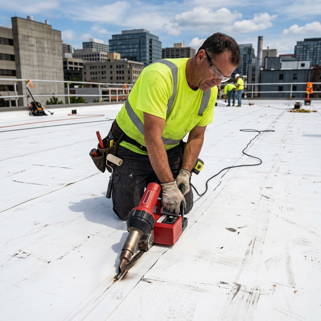 A highly specialized commercial roofing technician operating a massive robotic hot-air welding machine down the seam of a white PVC flat roof, molecularly bonding the rubber together.