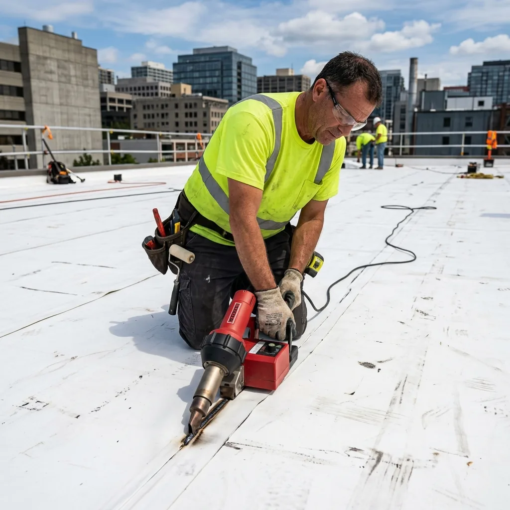 A highly specialized commercial roofing technician operating a massive robotic hot-air welding machine down the seam of a white PVC flat roof, molecularly bonding the rubber together.