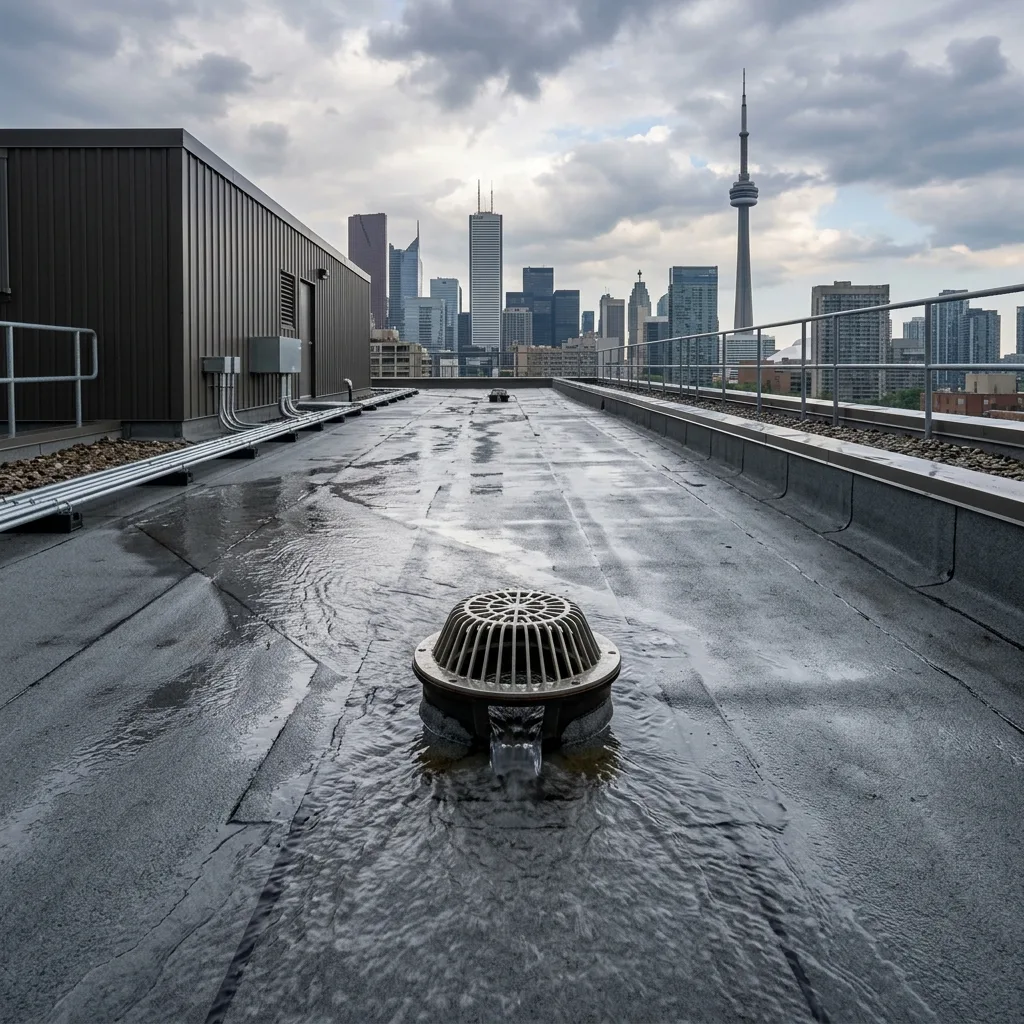 A highly detailed architectural cross-section of a massive commercial flat roof showing a heavy-duty cast iron interior drain aggressively funneling gallons of water off the white TPO membrane.