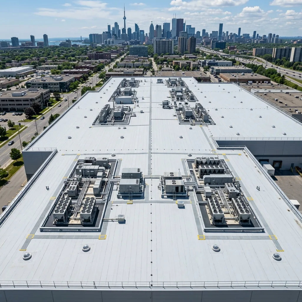 A highly specialized commercial roofing technician meticulously probing the heat-welded seams of a massive white TPO flat roof during a rigorous preventative maintenance inspection in Toronto.