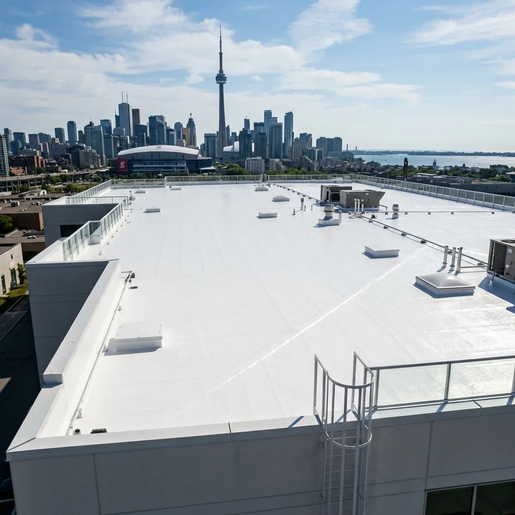 A highly specialized commercial roofing technician using a heavy-duty airless sprayer to apply a brilliant white elastomeric silicone coating over a massive, aging Toronto flat roof.