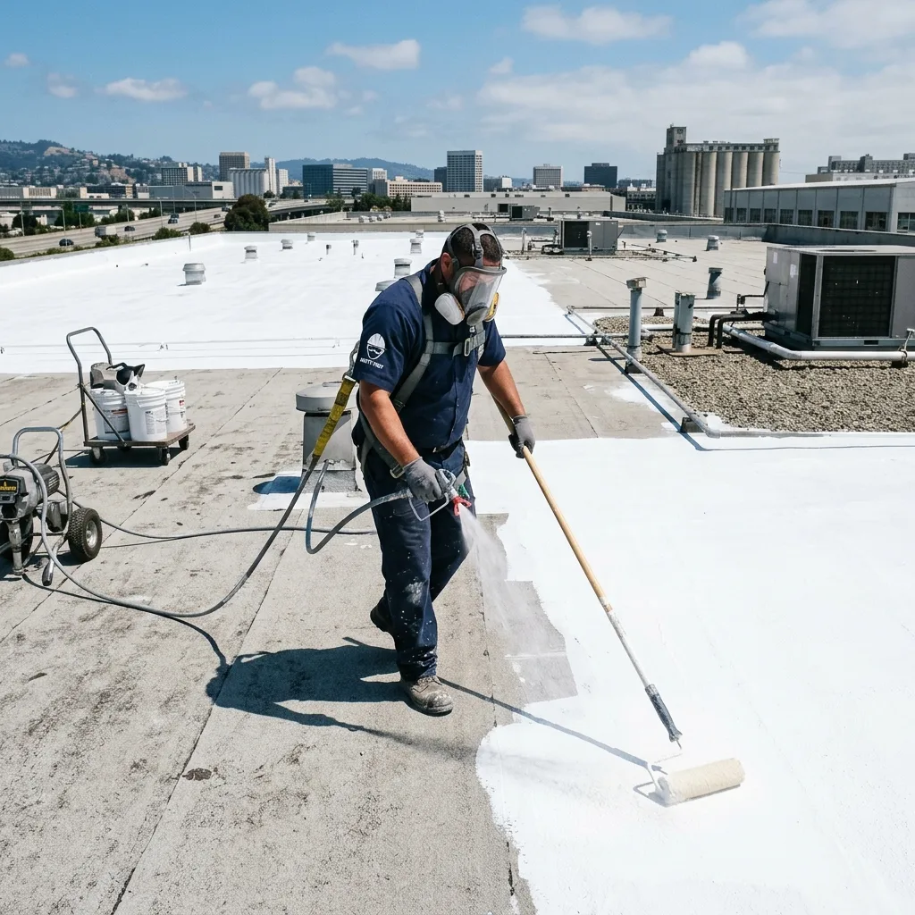 Two commercial roofing technicians aggressively embedding a heavy-duty polyester reinforcing mesh into a thick layer of liquid silicone over a massive TPO flat roof seam.