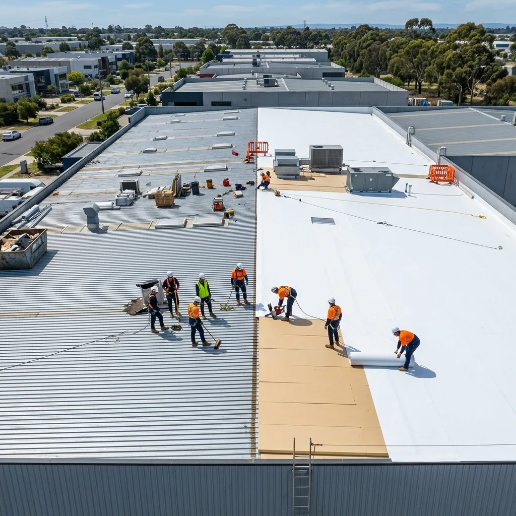 A highly specialized commercial roofing crew violently tearing off a massive, heavy, obsolete Tar and Gravel flat roof down to the bare structural steel decking in Toronto.