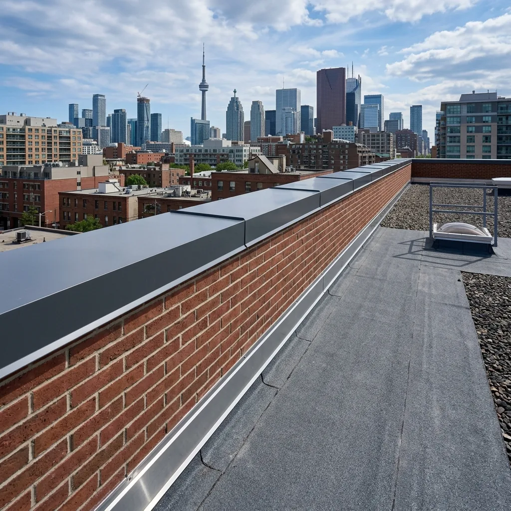 A highly detailed architectural cross-section of a massive commercial parapet wall showing the heavy TPO membrane wrapping up the wall and being locked securely under a massive custom metal coping cap.