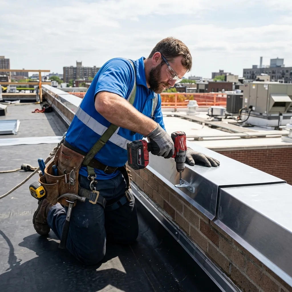 An elite commercial roofing technician using a massive, aggressive diamond-blade masonry grinder to cut a deep reglet channel straight into a solid brick parapet wall in Toronto.
