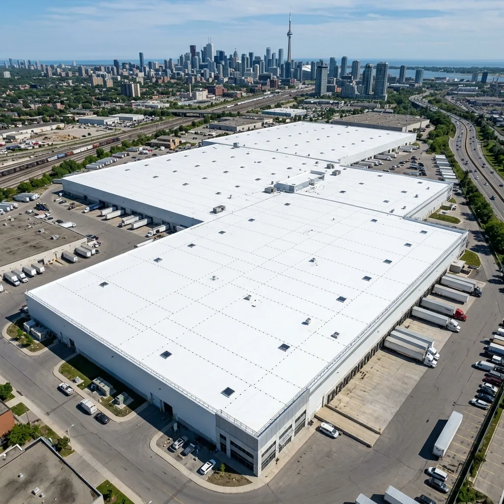 A highly specialized commercial roofing crew seamlessly rolling out massive, brilliant white sheets of TPO rubber over a sprawling Toronto flat roof.