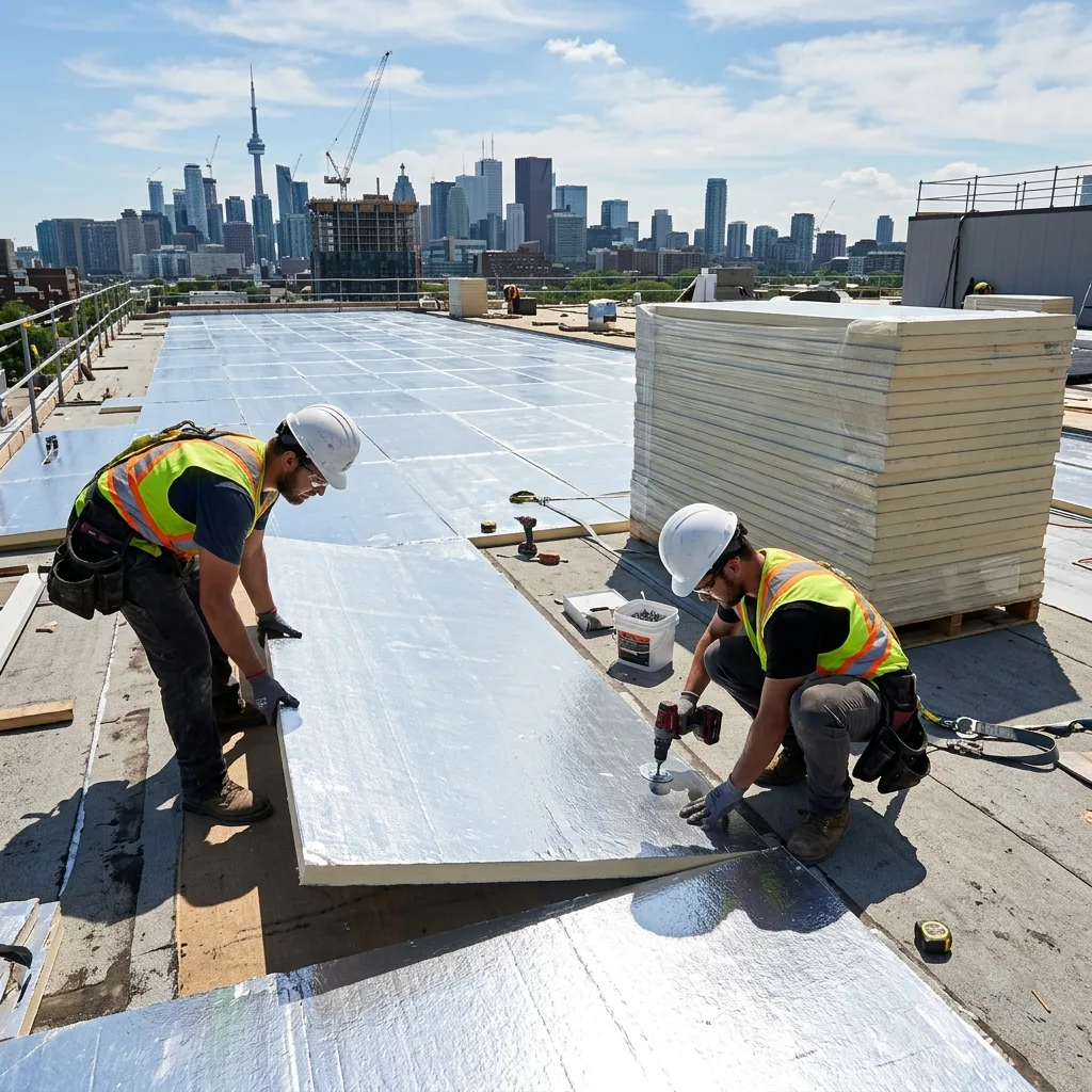 A highly specialized commercial roofing crew installing incredibly thick, massive rigid Polyiso foam insulation boards over a heavy steel flat roof deck in Toronto.