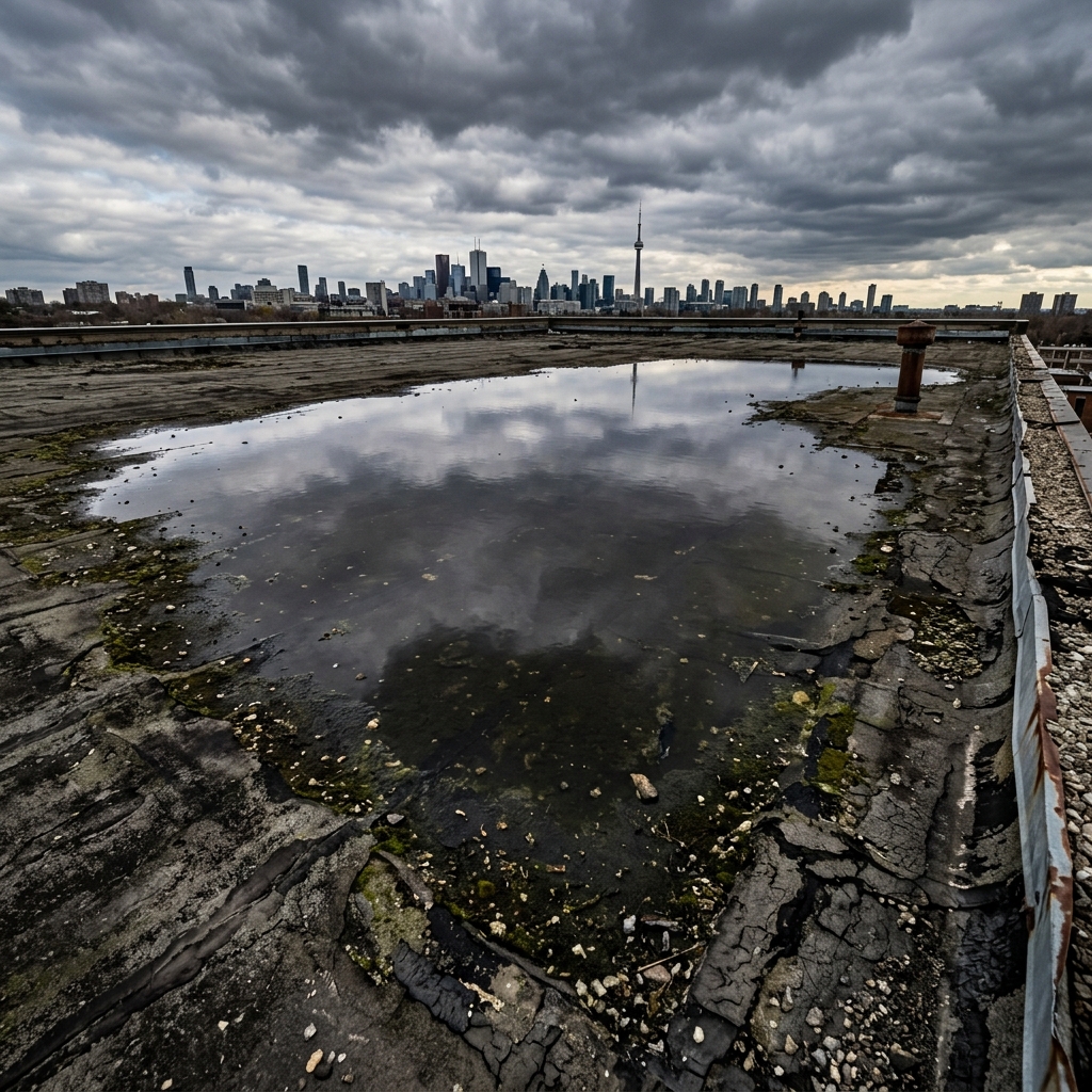 A highly detailed close-up of a massive, dark puddle of standing ponding water violently stressing the seams of an aging commercial flat roof membrane in Toronto.