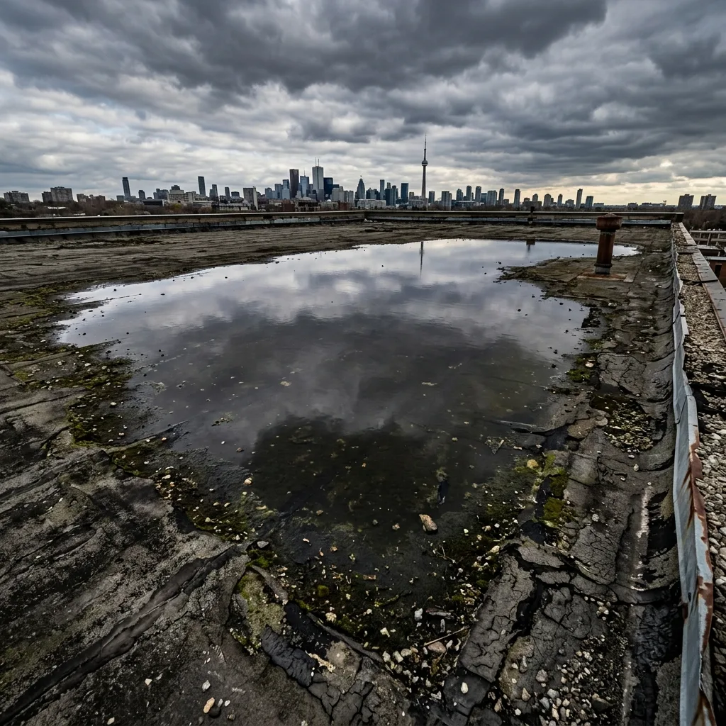 A highly detailed close-up of a massive, dark puddle of standing ponding water violently stressing the seams of an aging commercial flat roof membrane in Toronto.