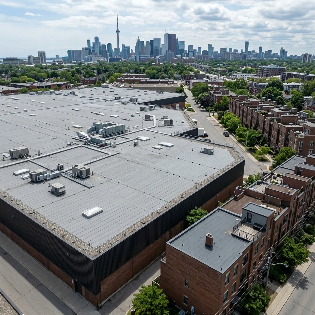 A highly detailed split-screen architectural diagram showing a massive commercial steel roof deck on the left and a highly intricate residential wooden flat roof deck on the right.