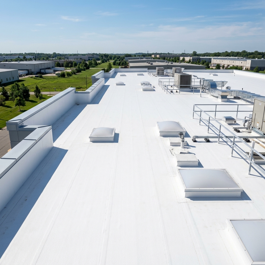 A highly specialized commercial roofing inspector aggressively probing a massive TPO heat-welded seam to legally certify the roof for an elite 20-Year No Dollar Limit (NDL) warranty.