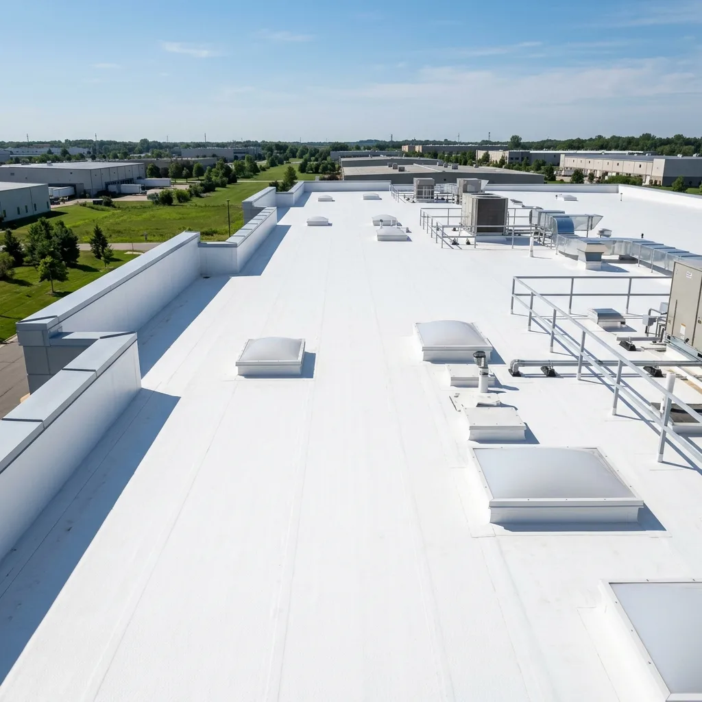 A highly specialized commercial roofing inspector aggressively probing a massive TPO heat-welded seam to legally certify the roof for an elite 20-Year No Dollar Limit (NDL) warranty.