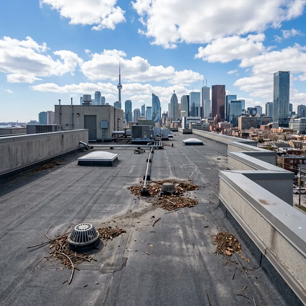 An elite commercial roofing technician aggressively clearing massive piles of wet winter debris and dead leaves from a heavy cast iron interior flat roof drain in Toronto.