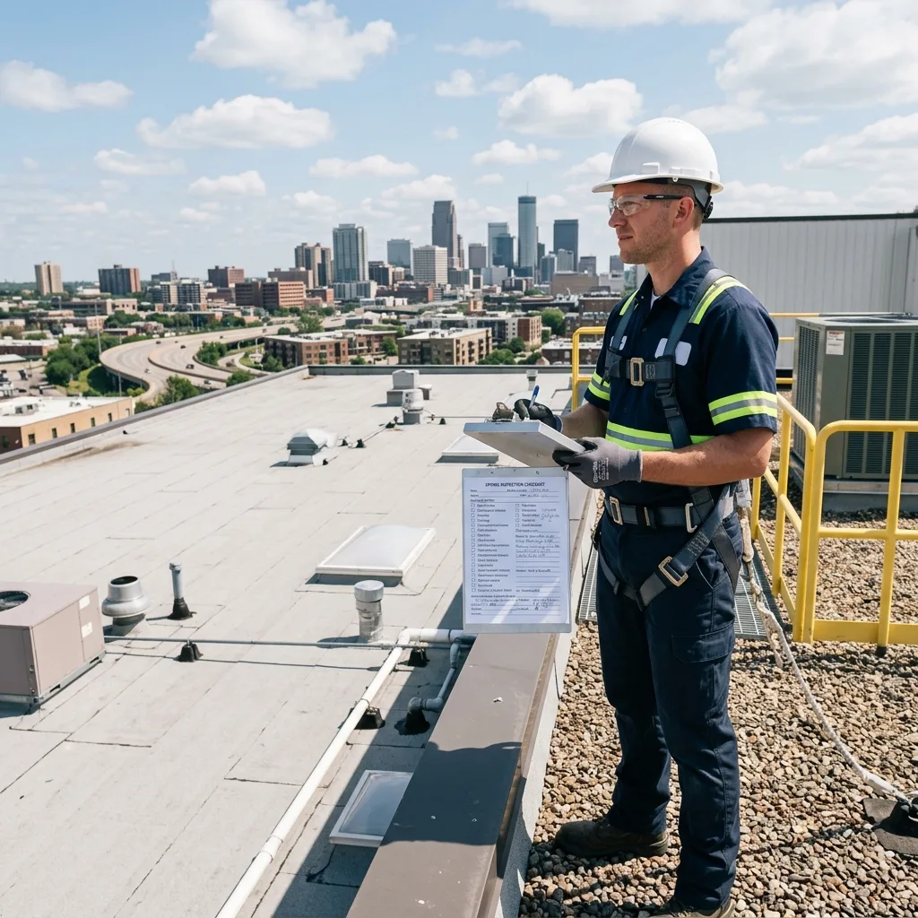 A highly specialized roofing technician on their hands and knees, aggressively dragging a blunt metal probe along the heat-welded seam of a massive TPO flat roof to find microscopic tears.