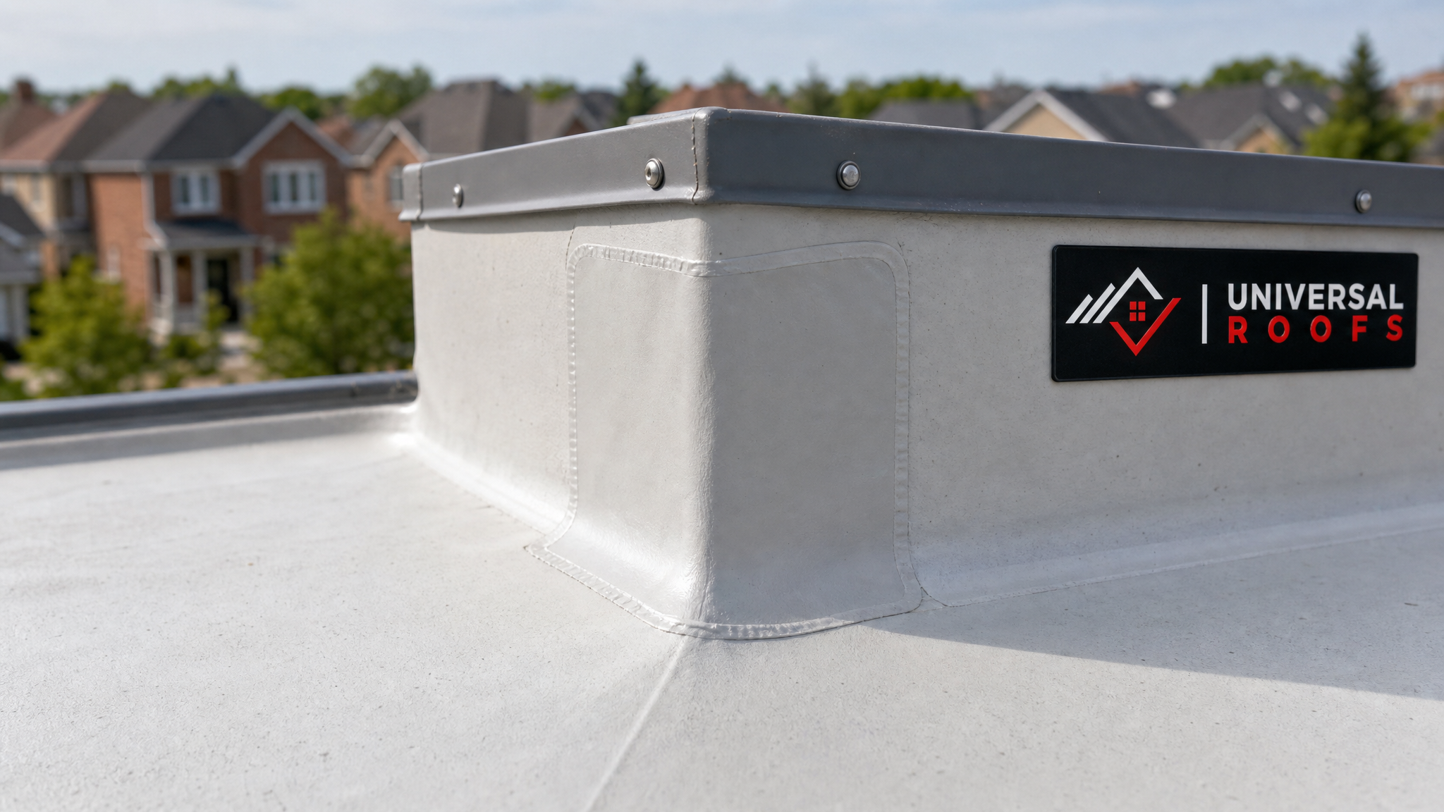Close-up of a heat-welded membrane parapet flashing detail with metal cap on a laneway flat roof