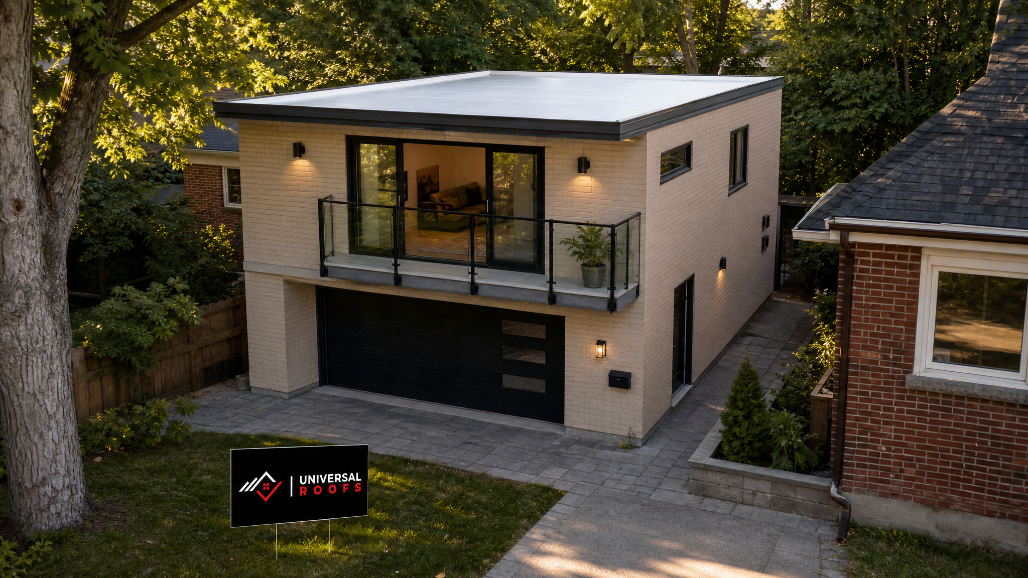 Finished laneway house flat roof Toronto with a clean white TPO membrane on a detached backyard suite