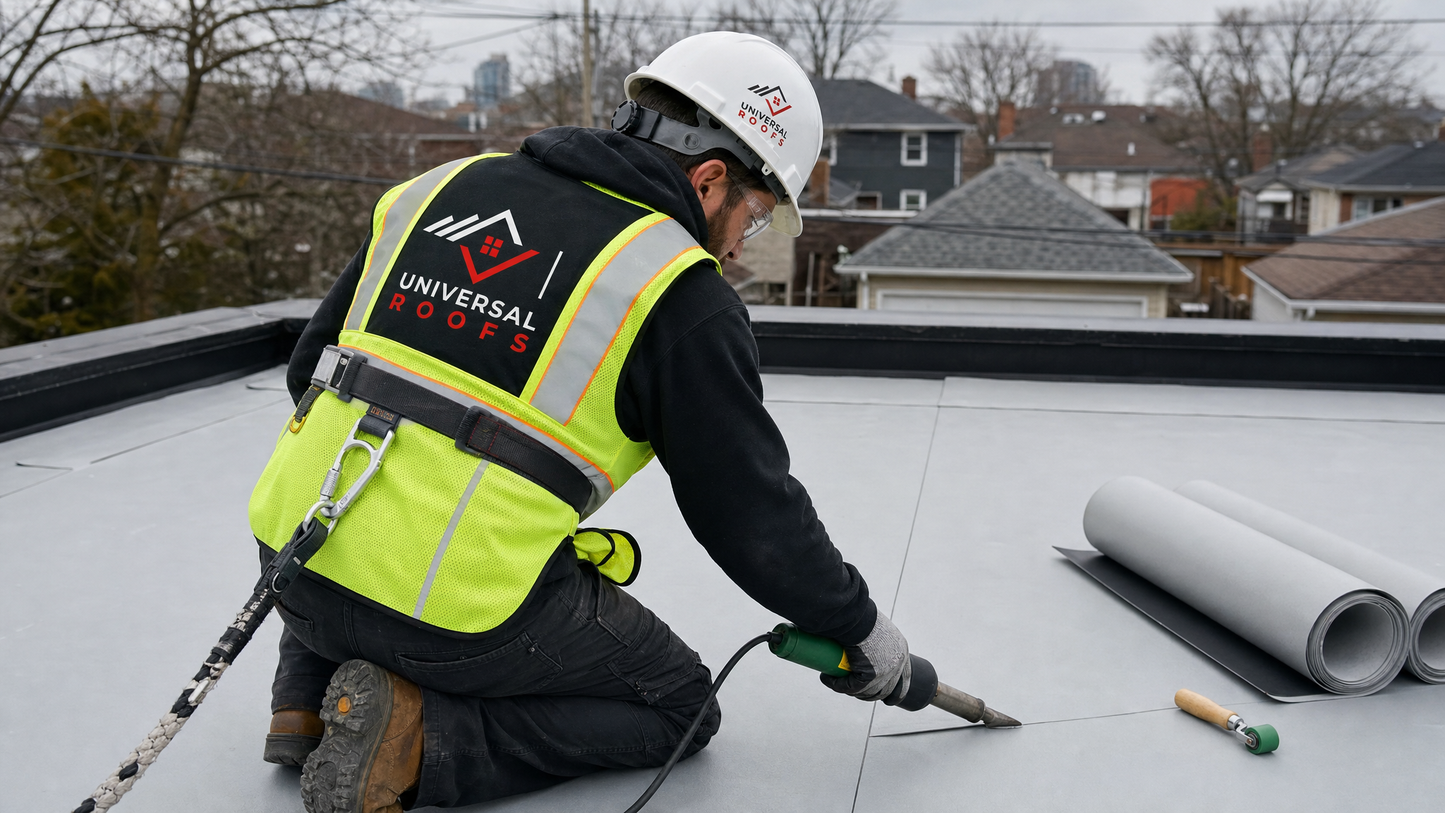 Flat-roofing technician heat-welding a TPO membrane seam on a low-slope laneway suite roof in Toronto