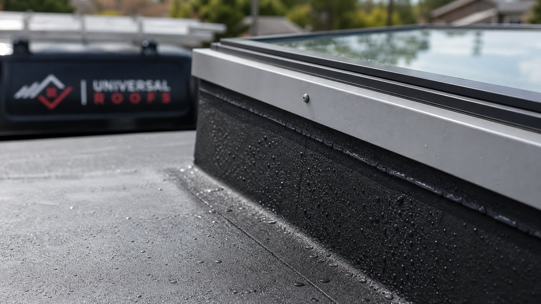 Close-up of metal counter-flashing cap and welded membrane termination at the top of a flat roof skylight curb