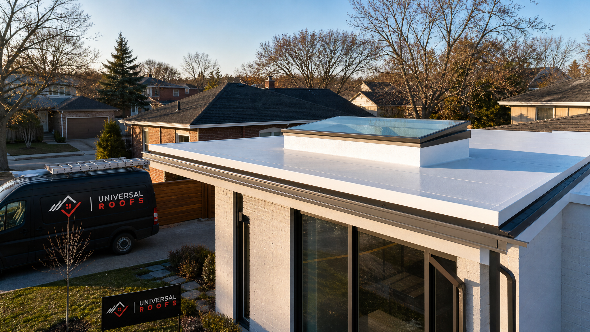 Flat roof skylight installation Toronto on a residential low-slope TPO roof with a curb-mounted skylight
