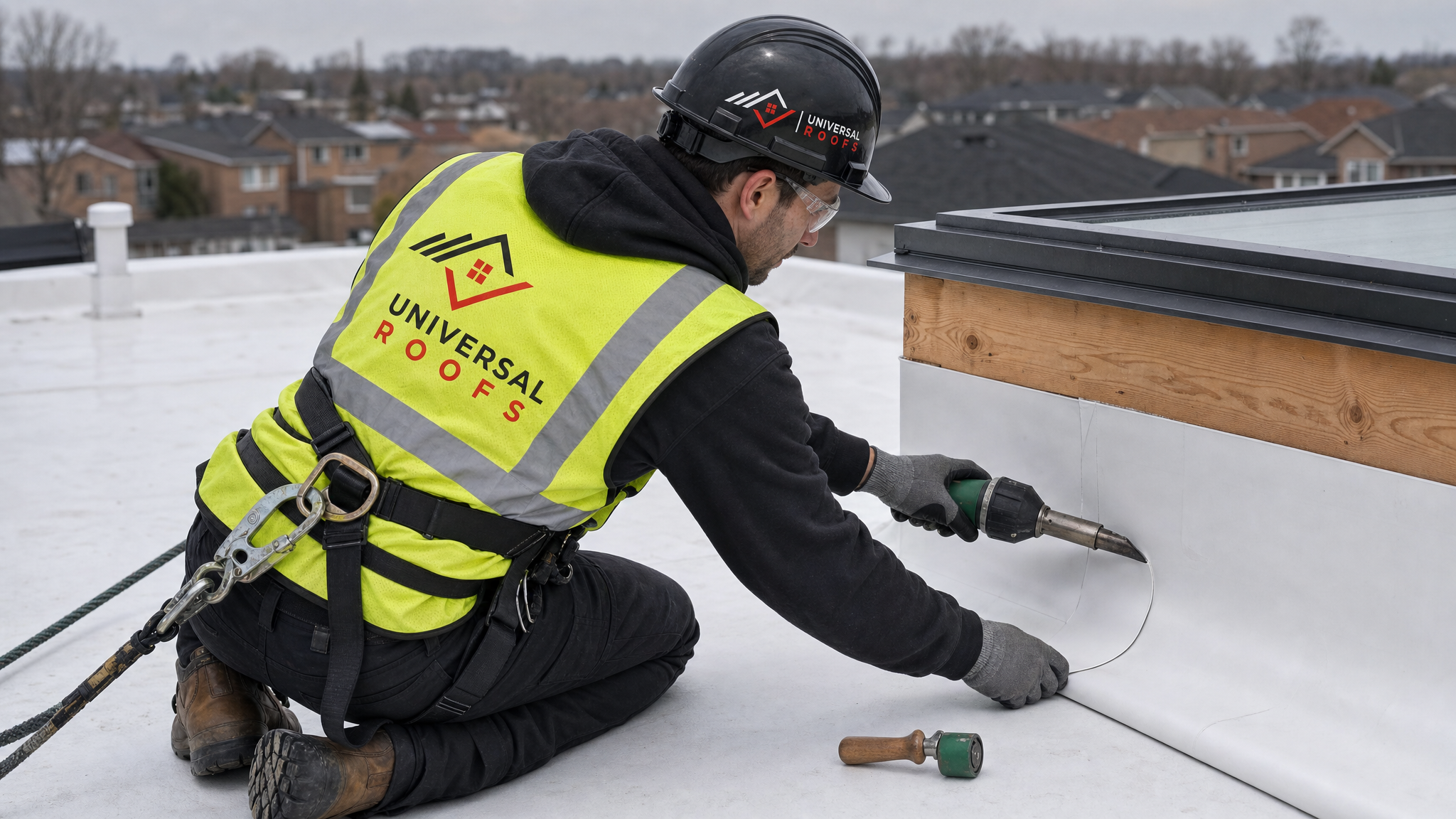 Flat roofing technician heat-welding TPO membrane up the side of a skylight curb on a Toronto low-slope roof