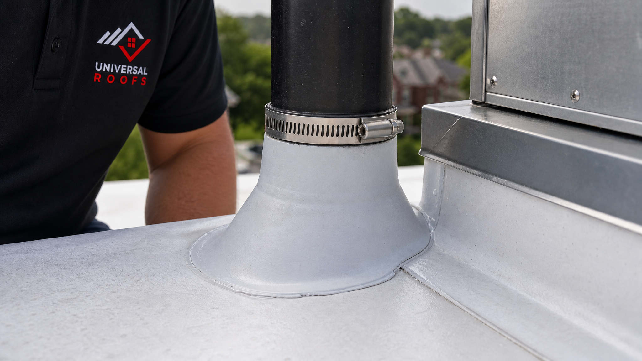 Close-up of a sealed pipe boot and counter-flashing detail at a rooftop HVAC unit curb