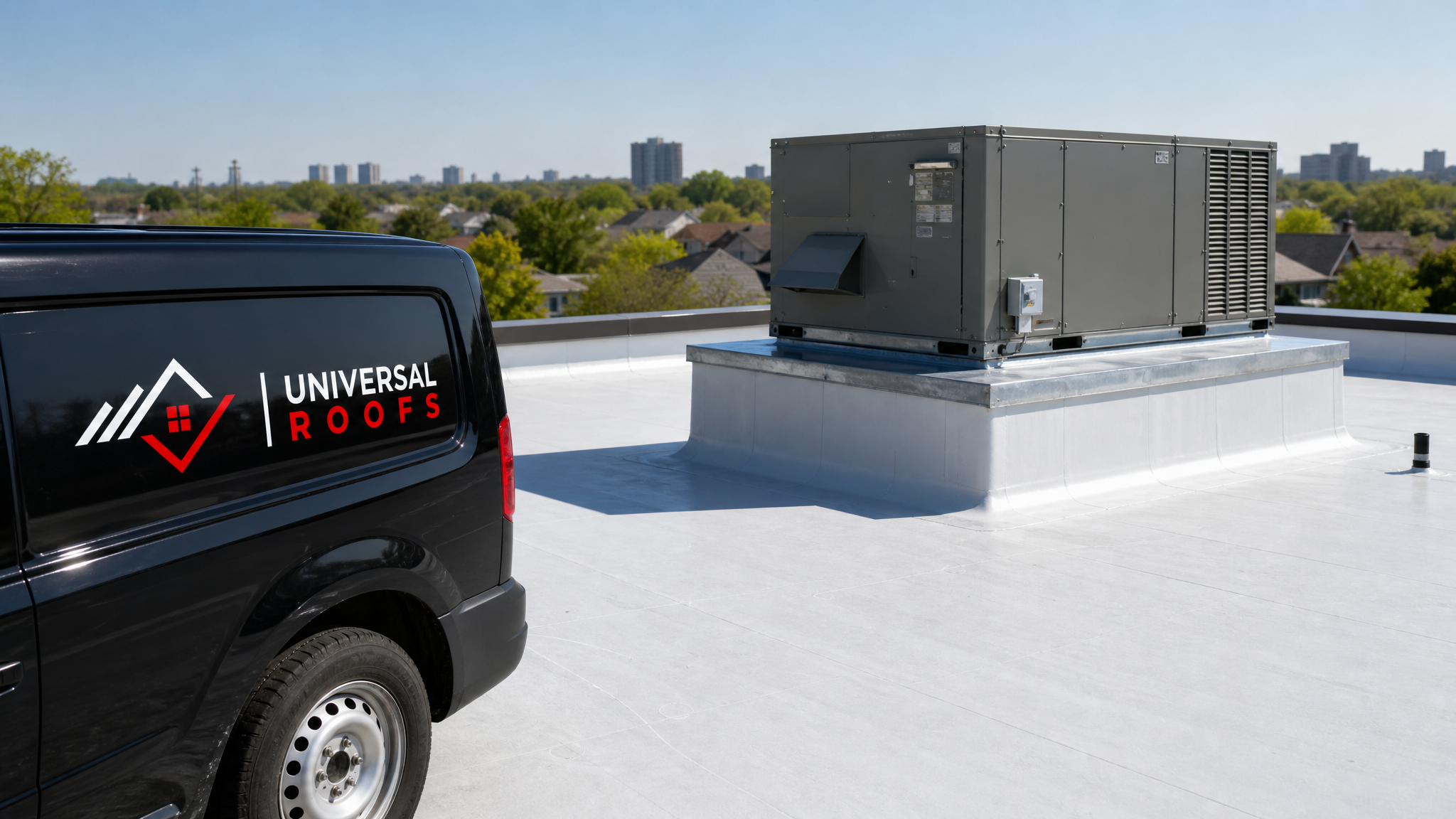 Rooftop HVAC unit on a flat roof with a sealed membrane curb in a Toronto neighbourhood