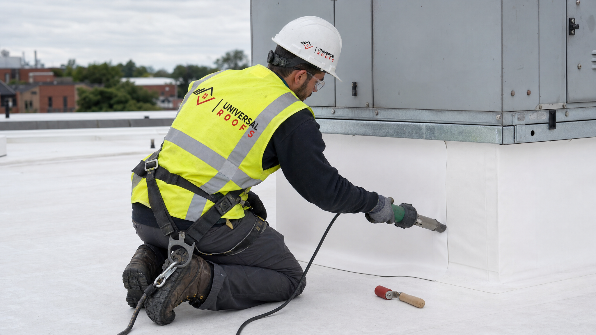 Flat roofing technician heat-welding a TPO membrane up the side of an HVAC curb