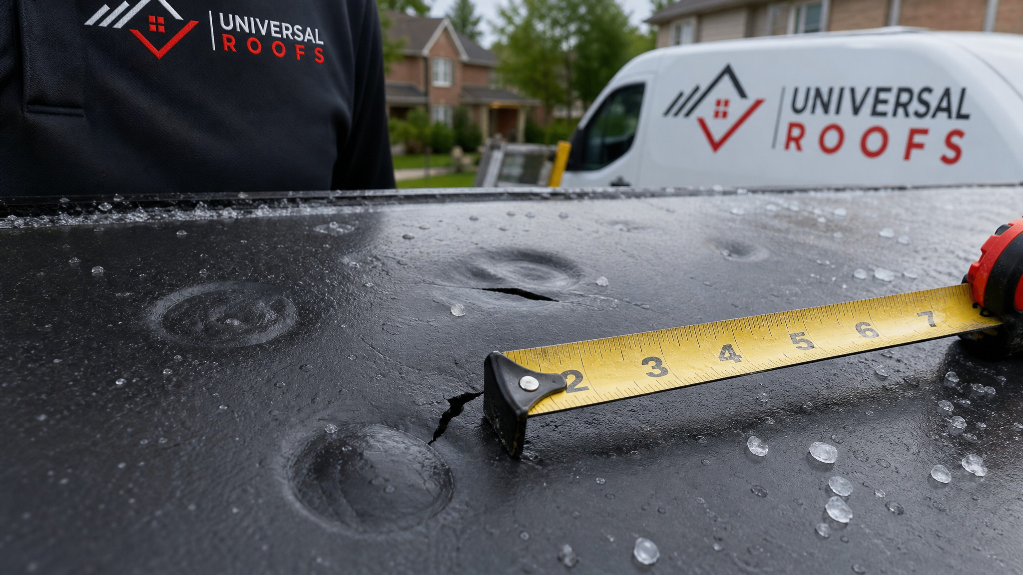 Close-up of hail-bruised EPDM flat roof membrane with circular impact marks documented for an insurance adjuster