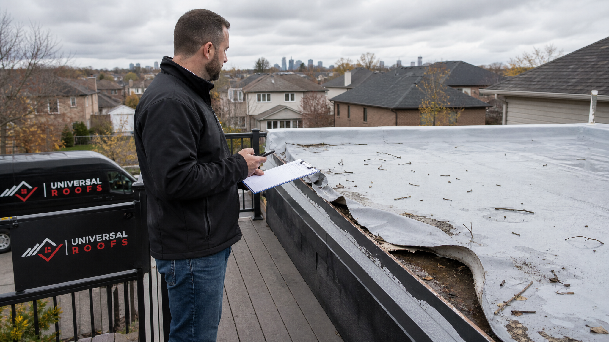 Toronto homeowner reviewing flat roof insurance claim documents beside a storm-damaged low-slope TPO roof