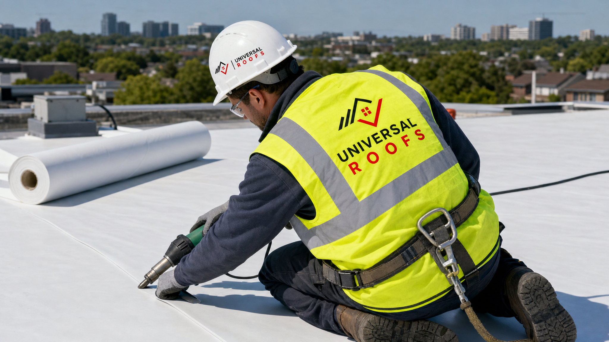 Flat roofing technician in full safety gear heat-welding a TPO membrane seam on a Toronto low-slope roof