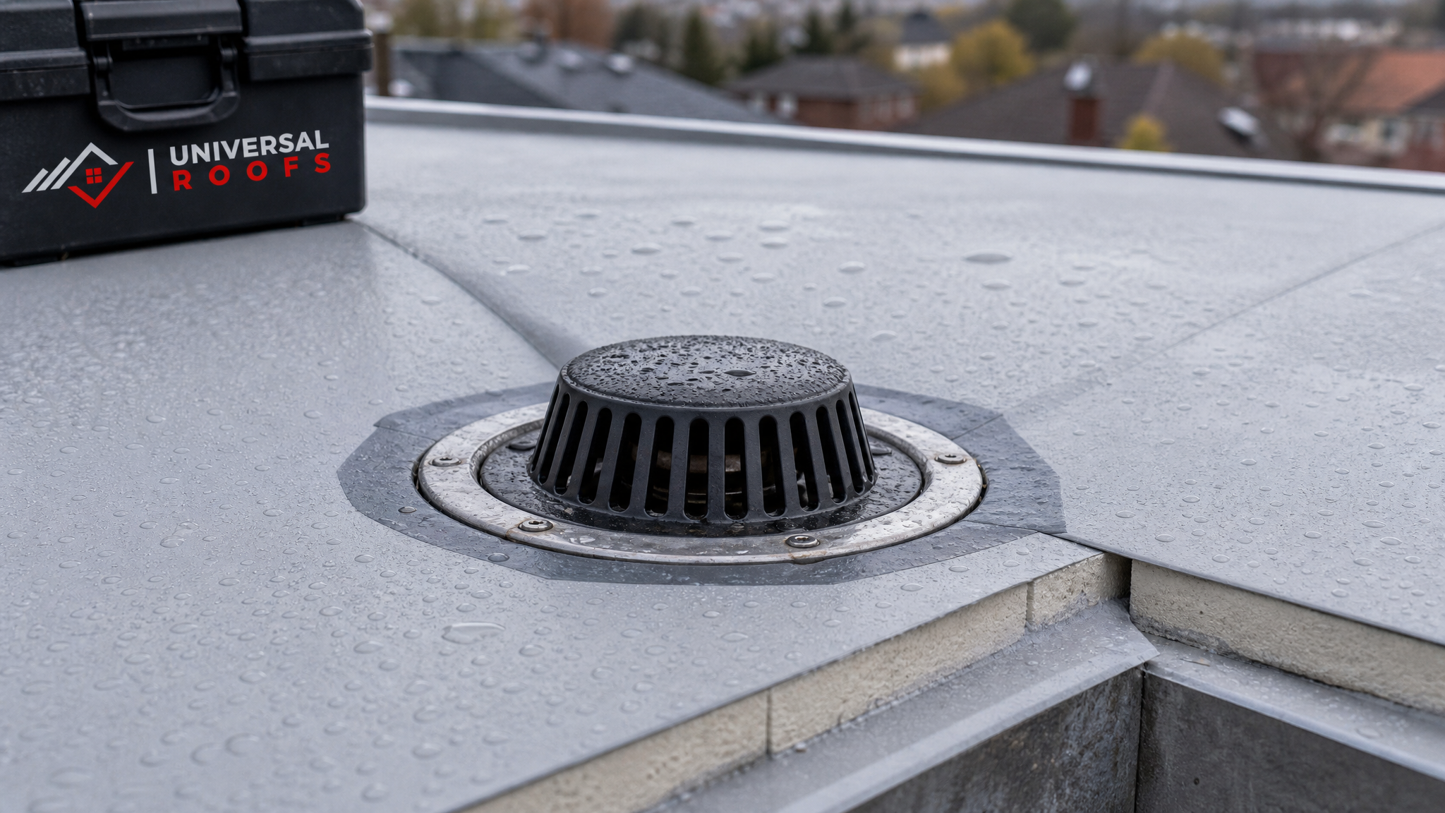 Close-up of a tapered insulation and roof drain detail on a converted Toronto flat roof showing positive slope toward the outlet