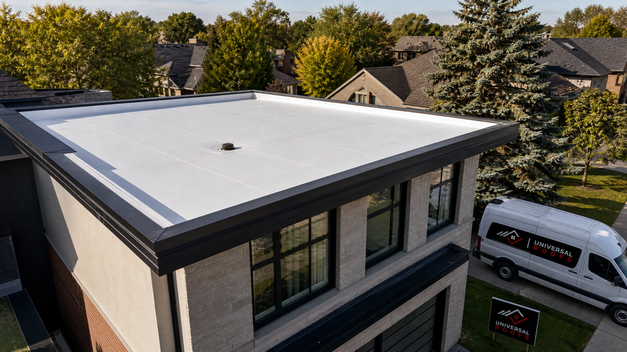 Completed low-slope to flat roof conversion on a Toronto home showing a clean white TPO membrane with tapered drainage