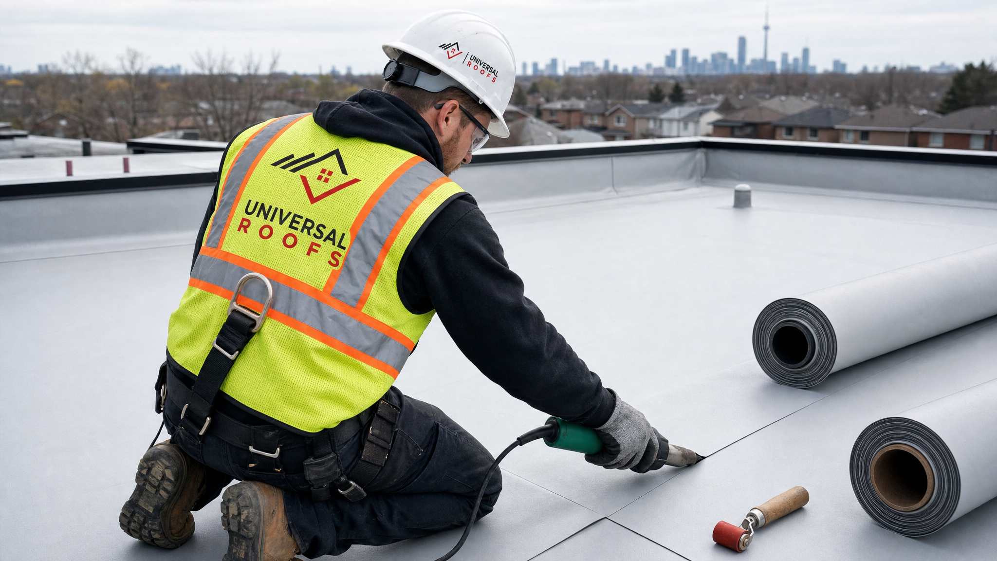 Flat-roofing technician heat-welding a TPO membrane seam on a newly converted low-slope flat roof in Toronto