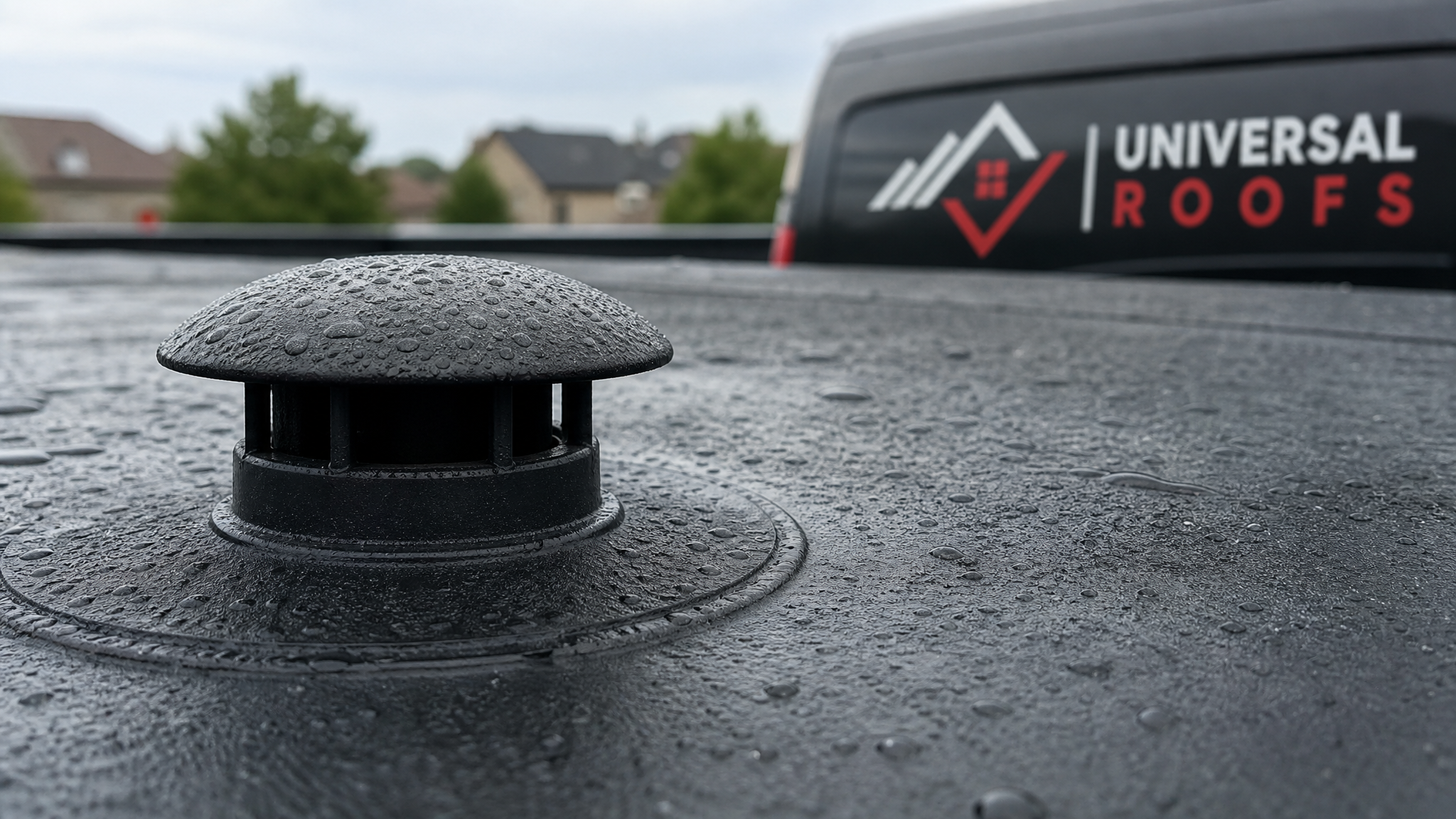 Close-up detail of a one-way breather vent sealed into a flat roof membrane releasing trapped moisture