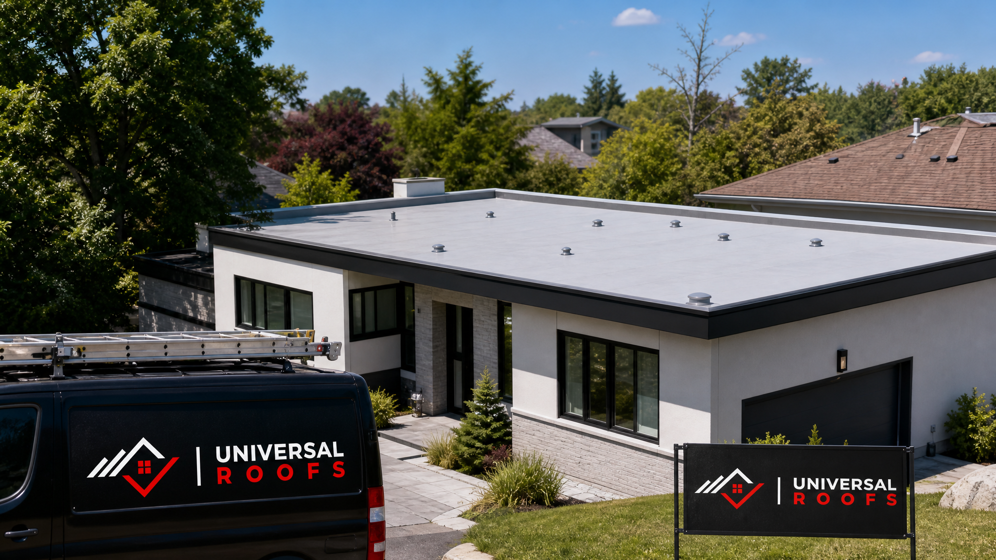 Flat roof vents Toronto installation on a finished TPO low-slope residential roof with breather vents and parapet detailing