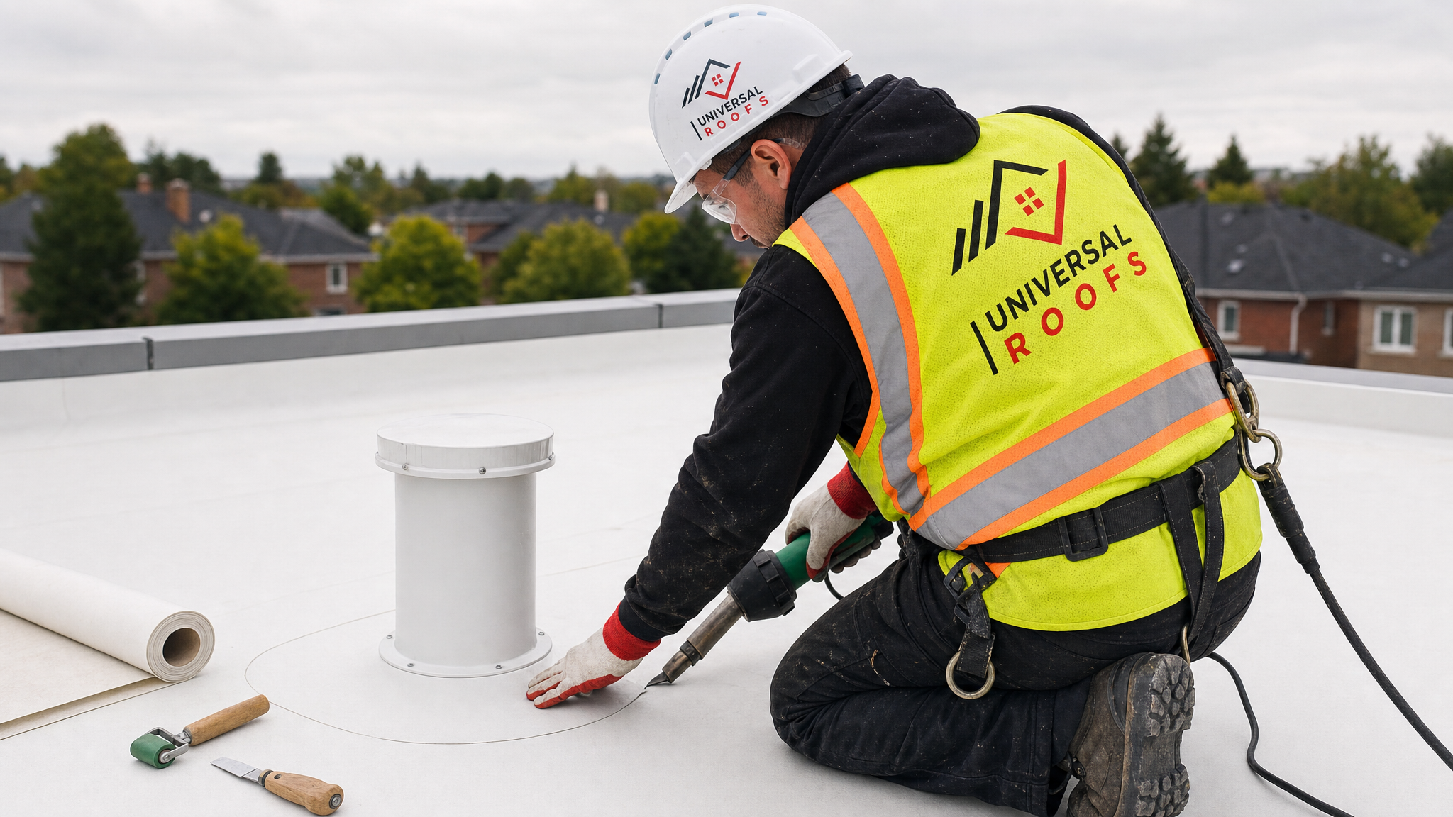 Flat roofing technician in full safety gear heat-welding a TPO membrane around a breather vent on a GTA low-slope roof