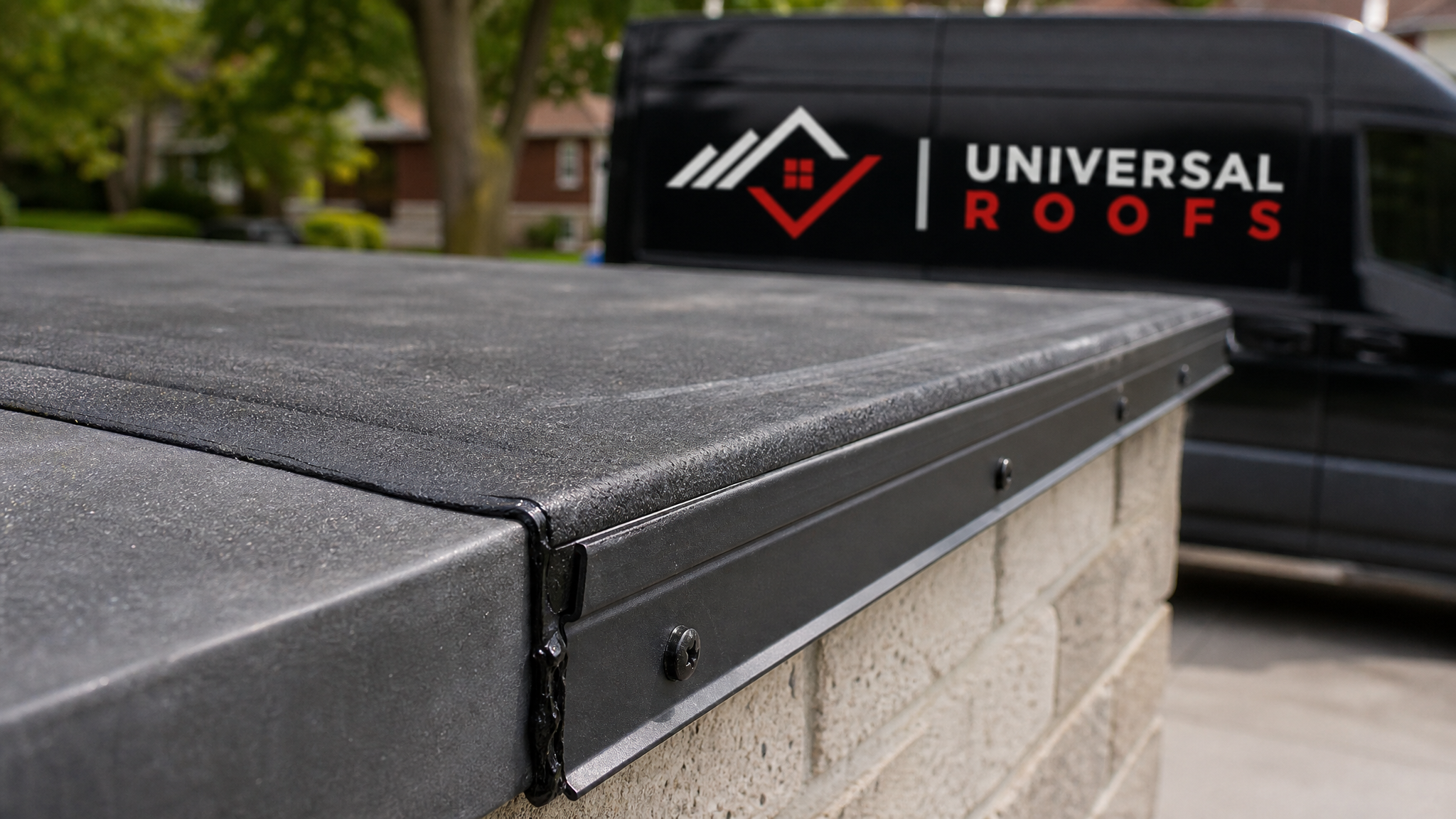 Close-up of a flashed perimeter edge and drip detail on a replaced garage flat roof in the GTA