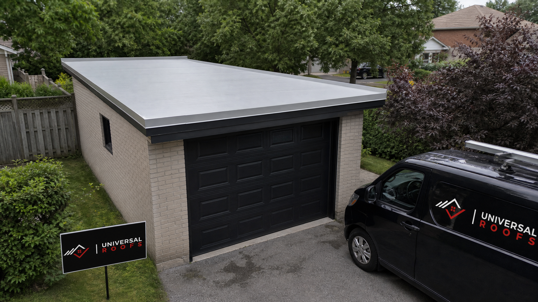 Finished garage flat roof replacement Toronto with new TPO membrane on a detached suburban garage