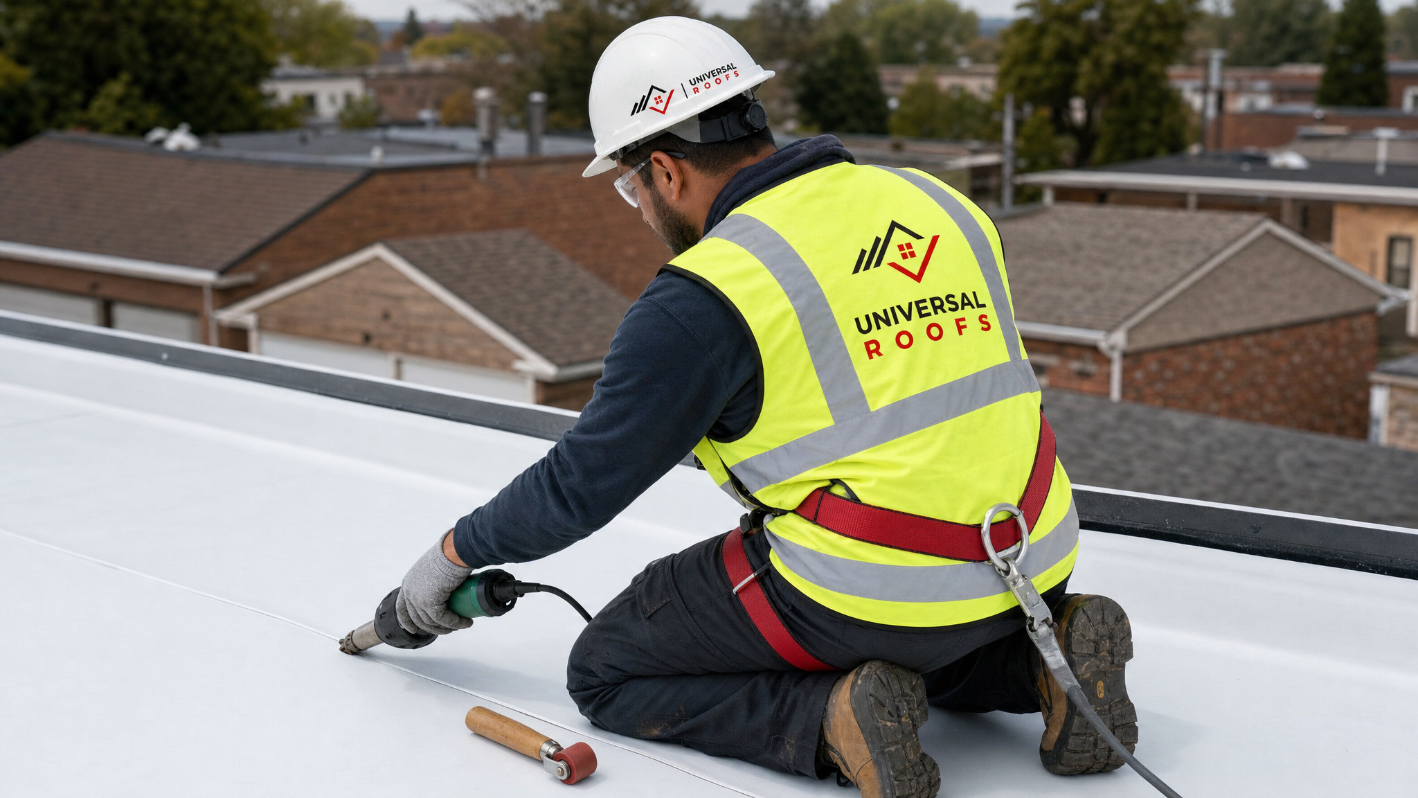 Flat-roofing technician heat-welding a TPO membrane seam during a garage roof replacement in Toronto