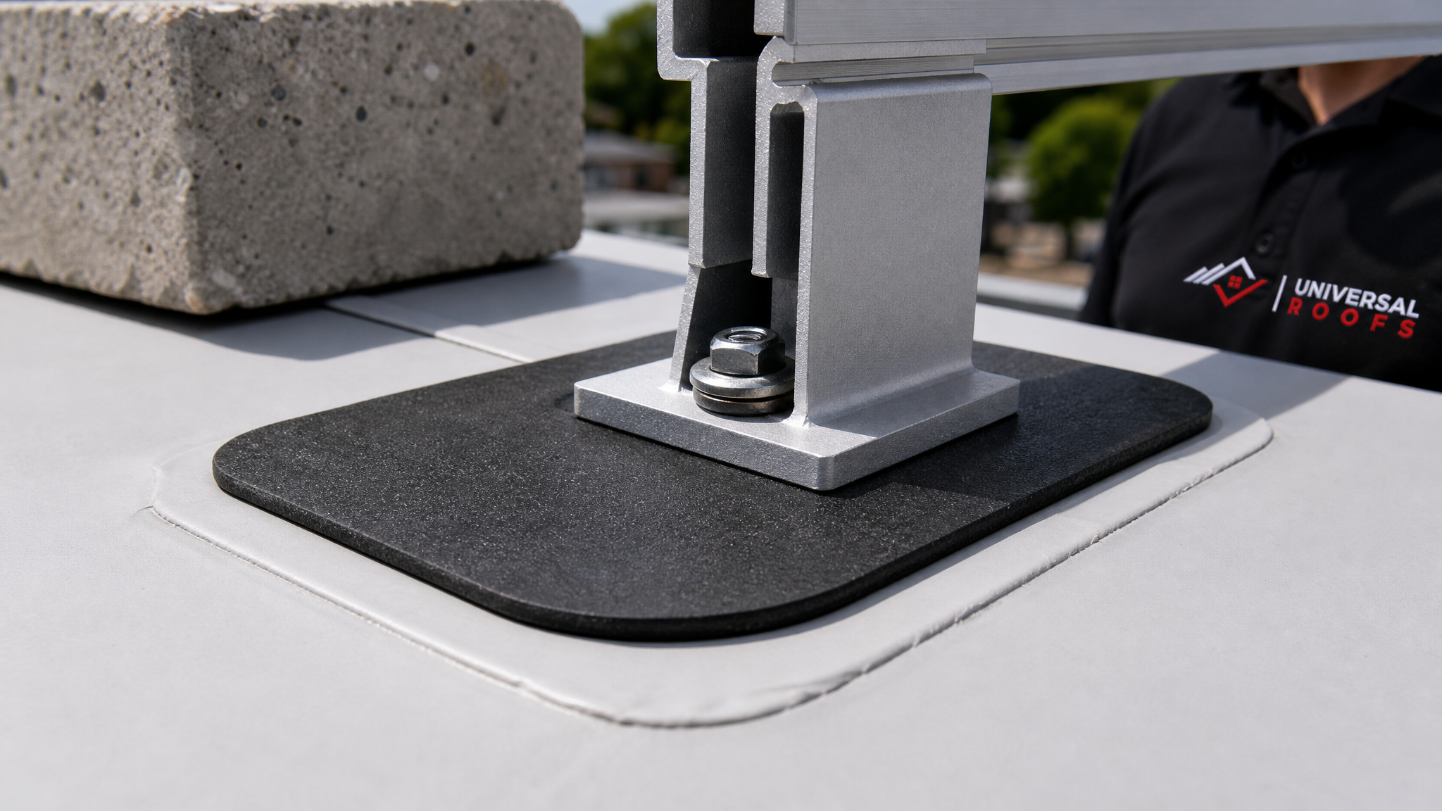 Close-up of a welded flashing base and protective slip pad beneath a solar mount on a flat roof membrane