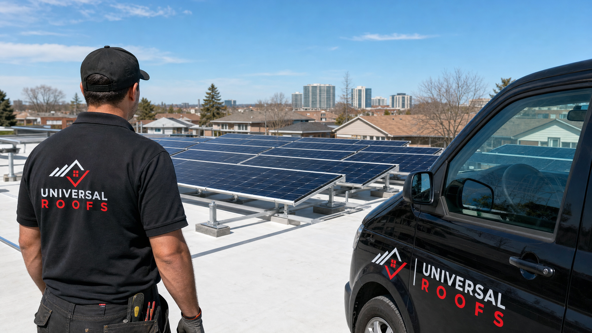 Solar panels on a flat roof in Toronto mounted on a ballasted racking system over a white TPO membrane
