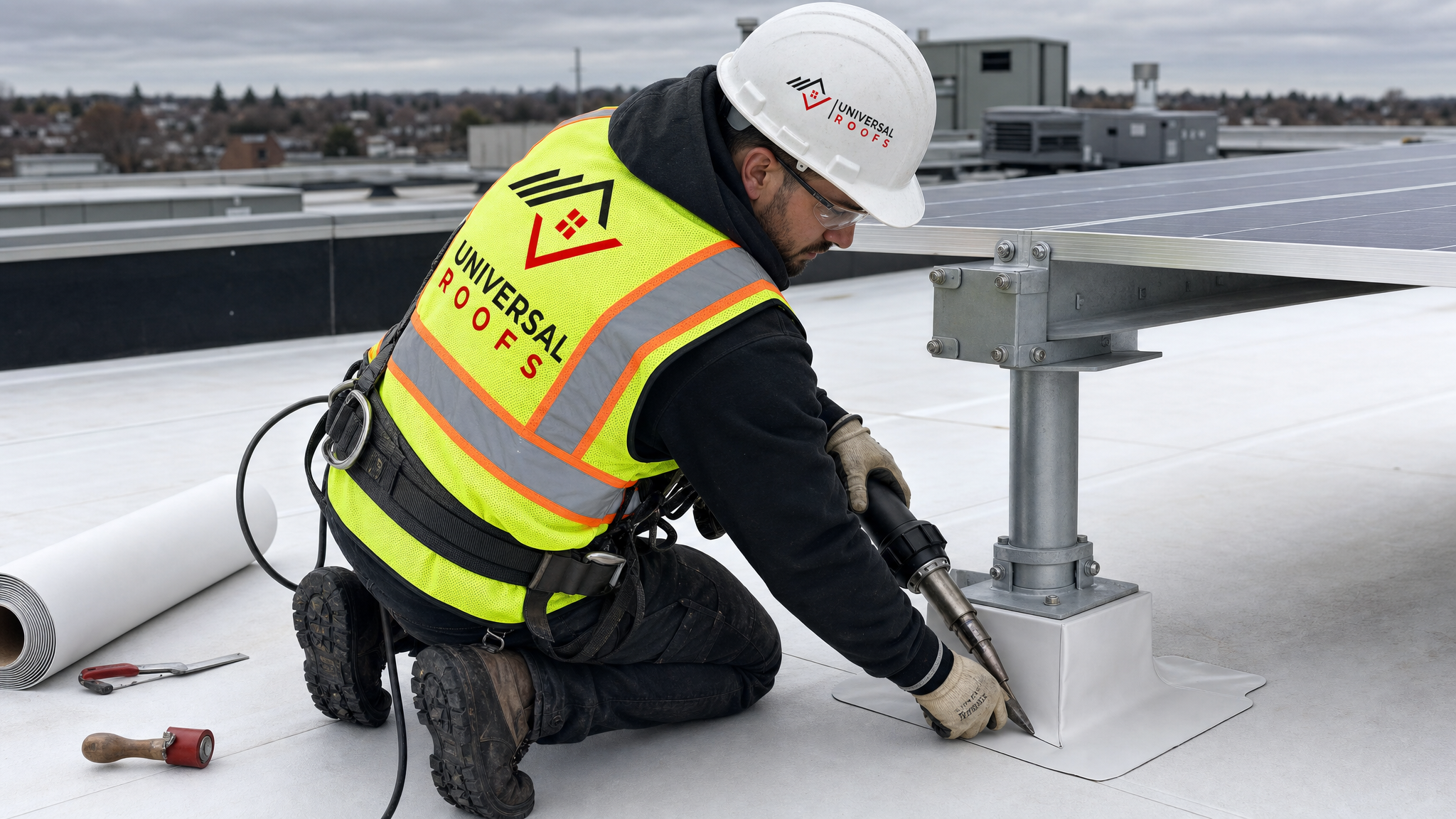 Flat-roofing technician heat-welding a TPO membrane flashing detail around a solar mount on a Toronto low-slope roof