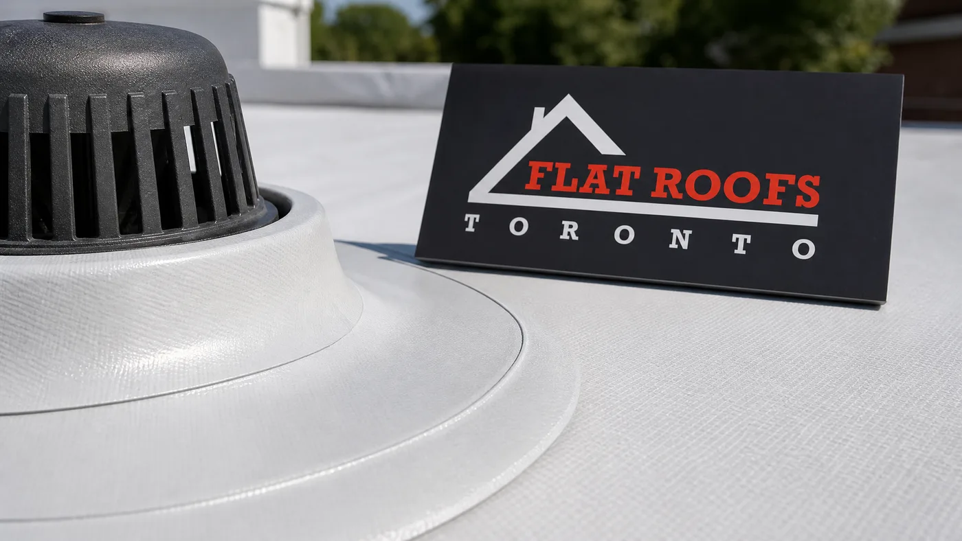Close-up of a welded TPO membrane roof seam and flashing detail on a Toronto rooftop