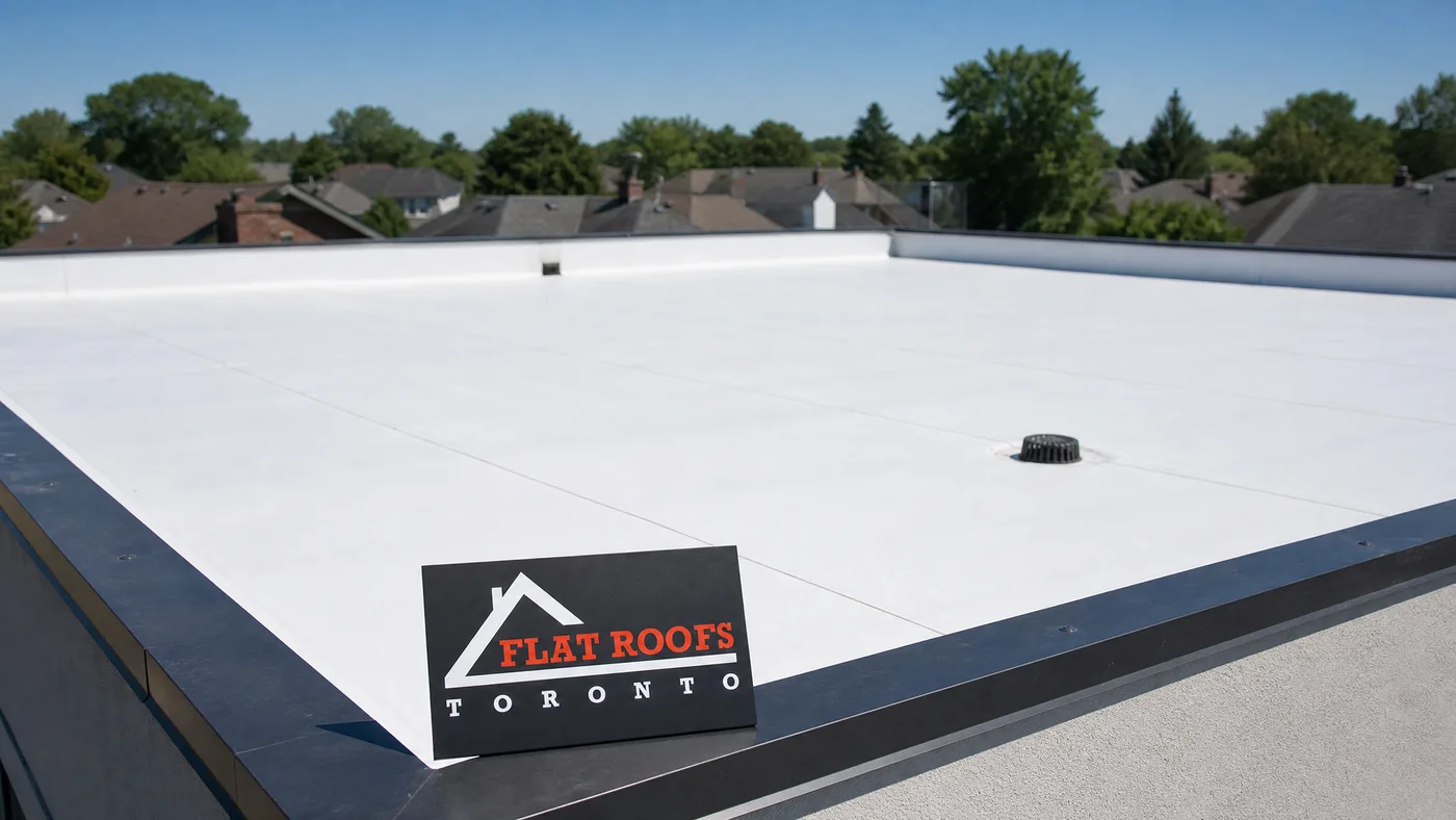 Wide view of a bright white TPO membrane roof on a Toronto low-slope building under summer daylight