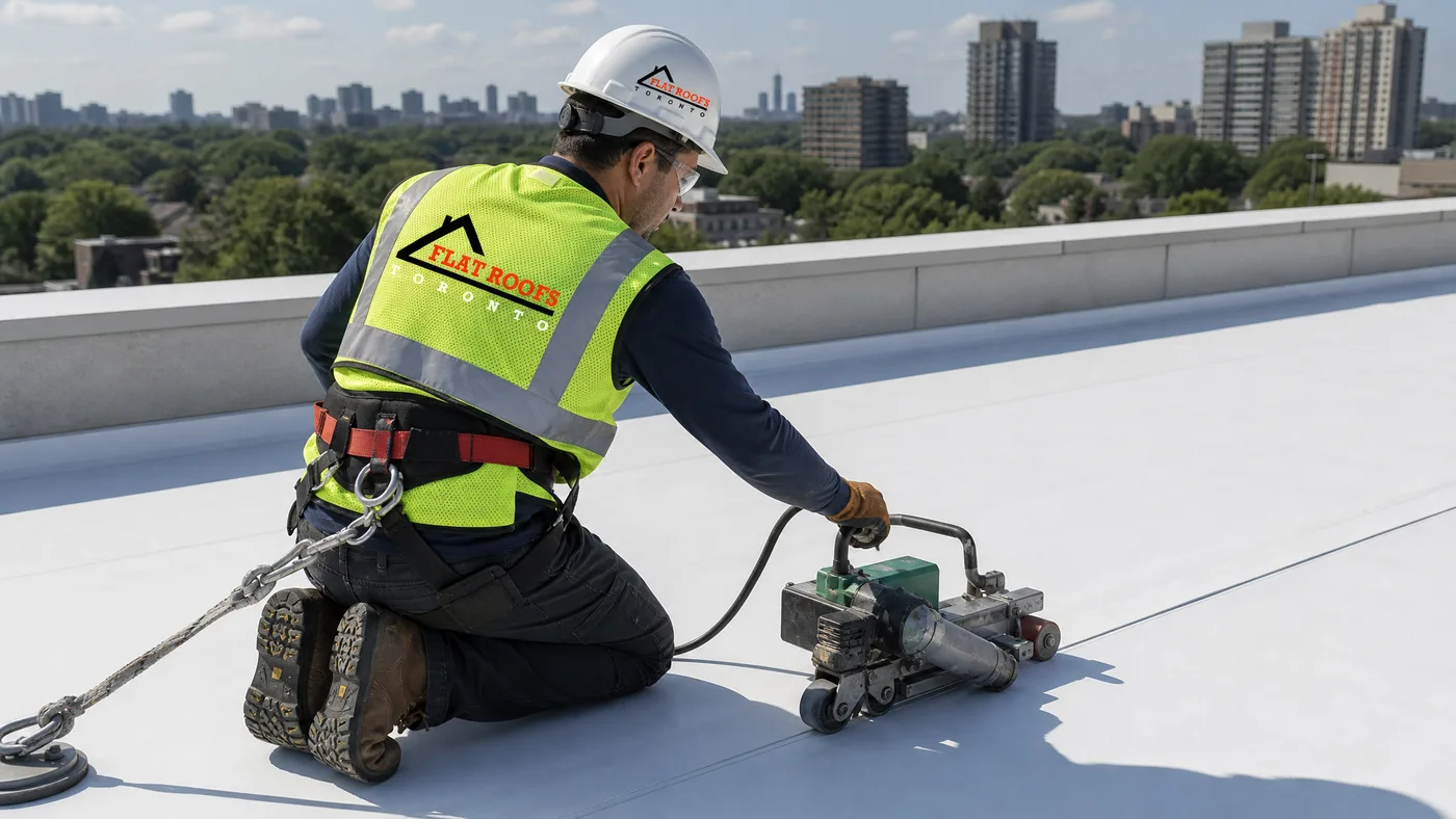 Roofer in full safety PPE hot-air welding a seam on a TPO membrane roof in Toronto