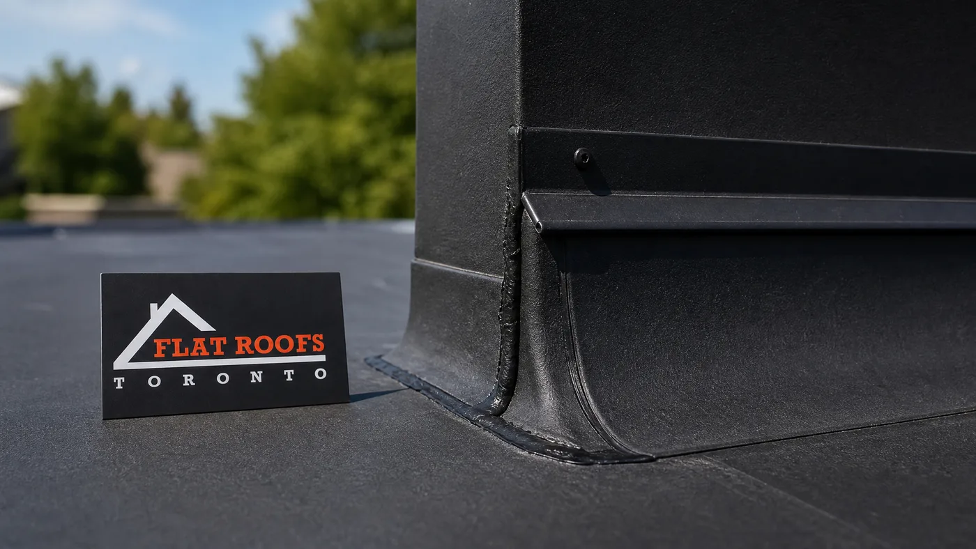 Close-up of a seam and flashing detail on an EPDM rubber roof membrane with sealant applied at the lap