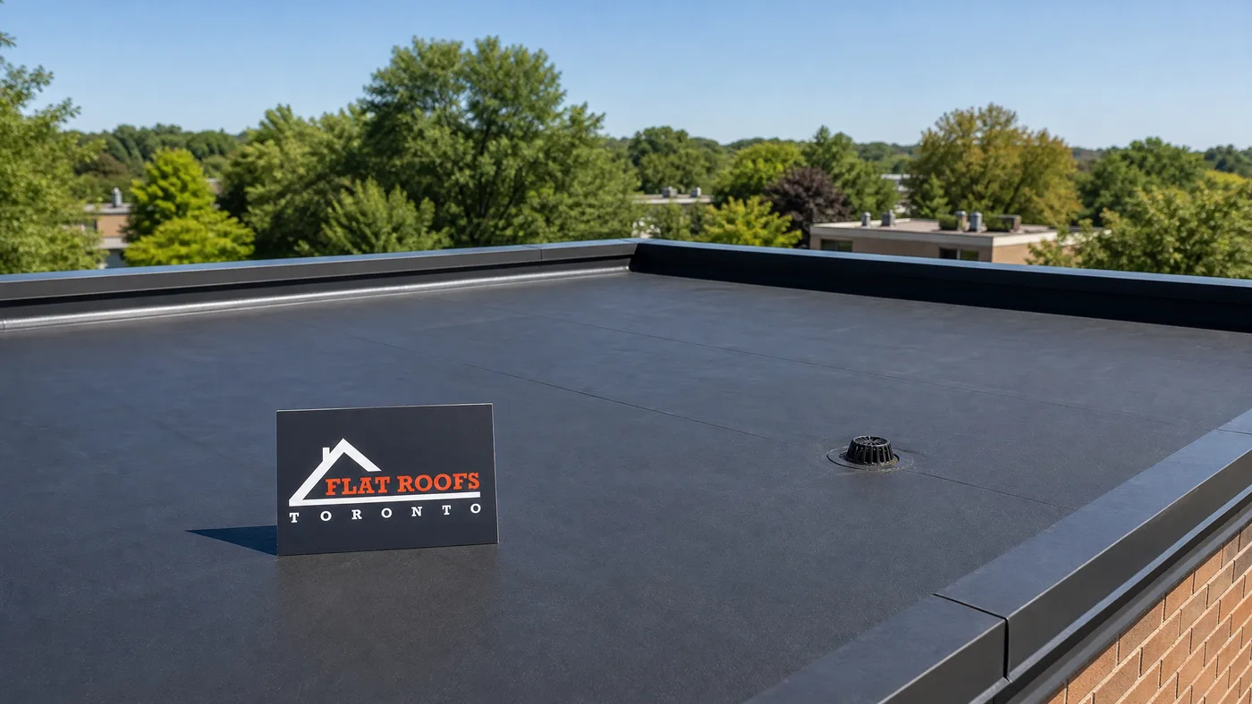 Wide view of a completed black EPDM rubber membrane flat roof on a Toronto building under clear summer sky