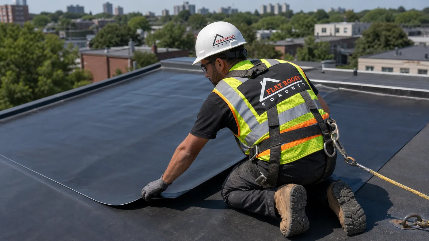 Roofing tradesperson in full safety PPE and fall-protection harness rolling out an EPDM rubber membrane on a Toronto flat roof